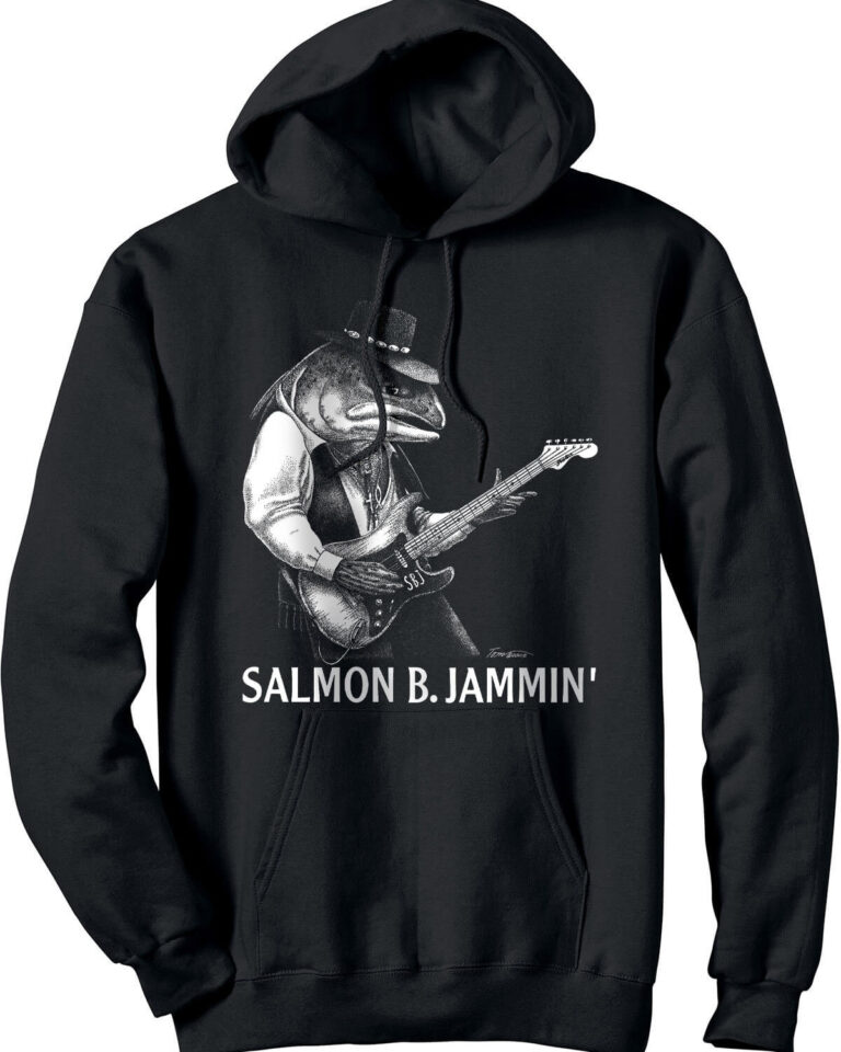 Black hooded sweatshirt with salmon playing guitar. Caption: Salmon B. Jammin'