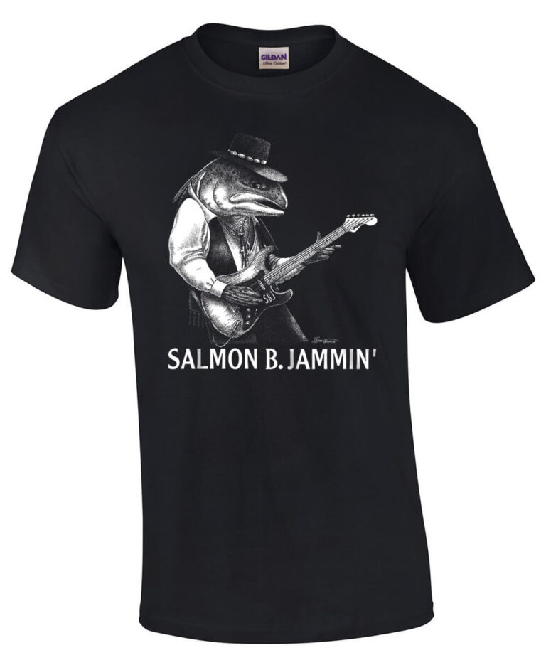 Black t-shirt with salmon playing guitar. Caption: Salmon B. Jammin'