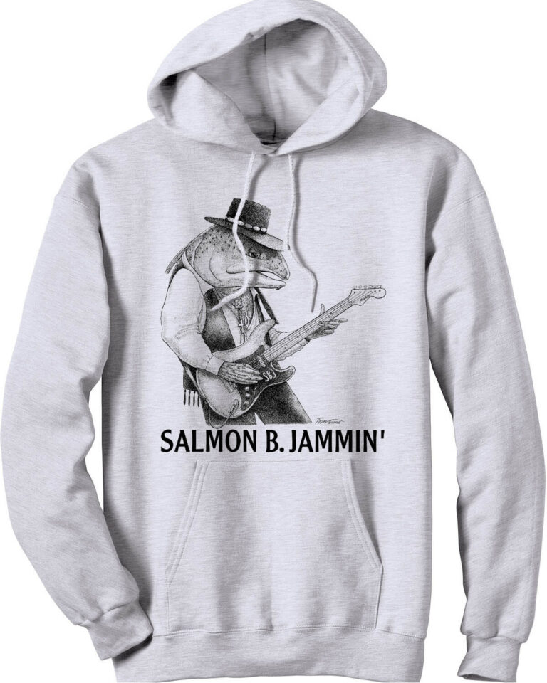 Grey hooded sweatshirt with salmon playing guitar. Caption: Salmon B. Jammin'