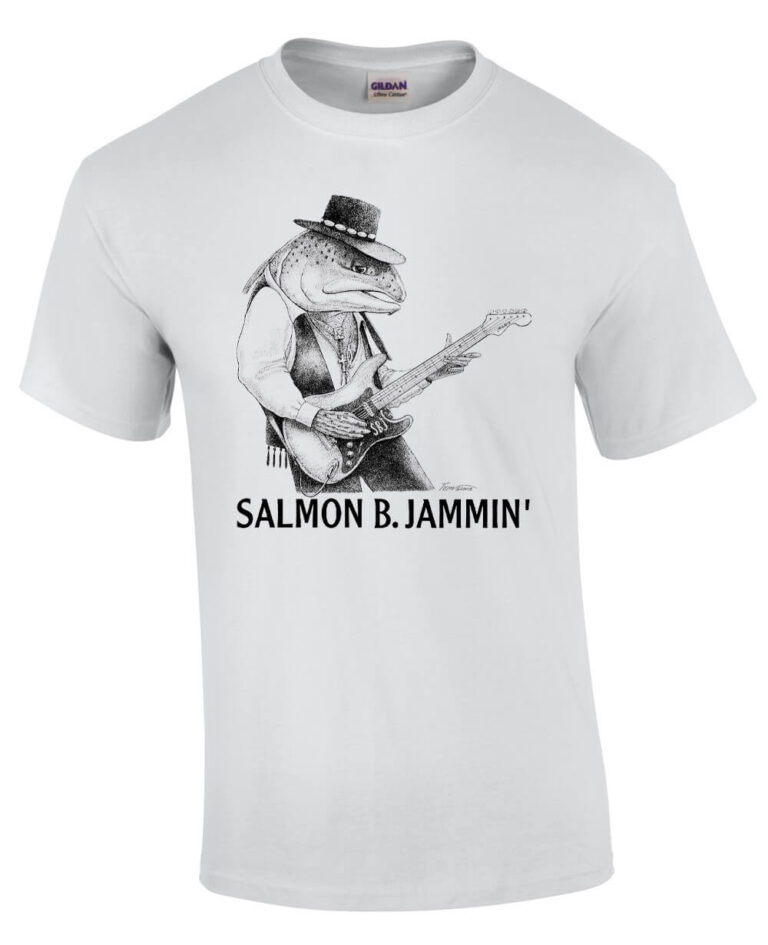 White t-shirt with salmon playing guitar. Caption: Salmon B. Jammin'