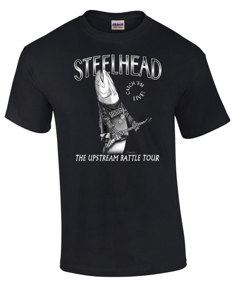 Black t-shirt with salmon playing guitar. Caption: Steelhead The Upstream Battle Tour