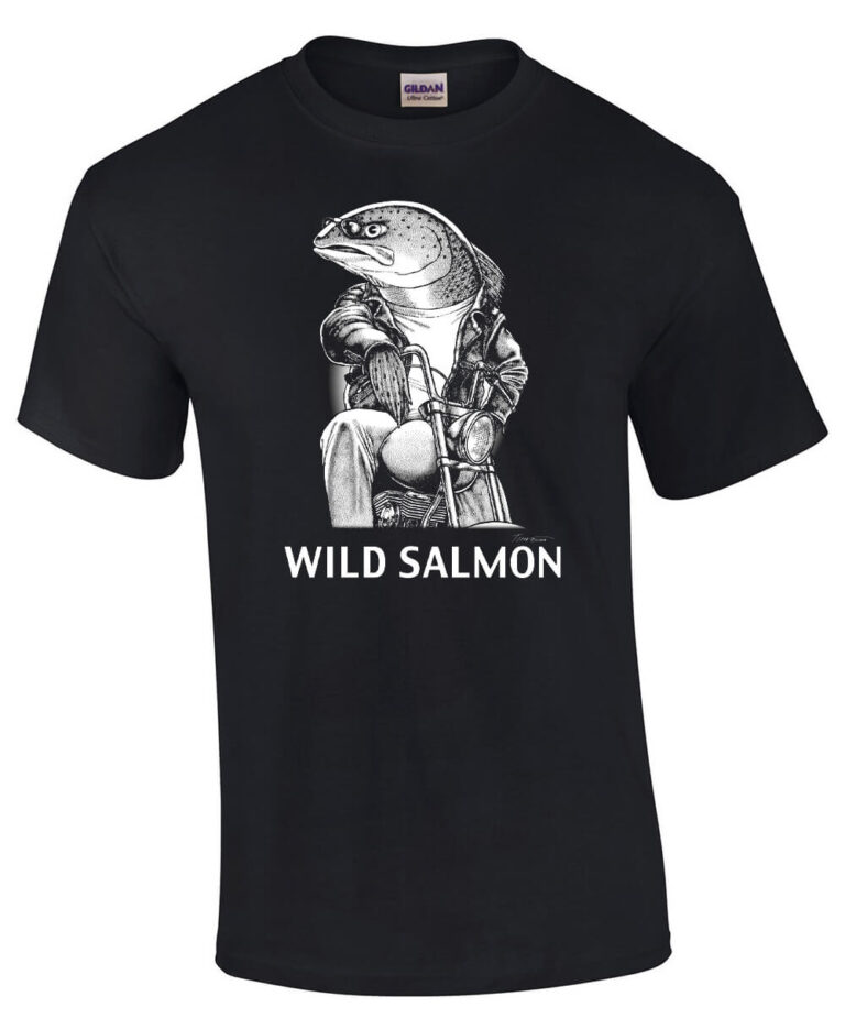 White t-shirt with salmon on a vintage motorcycle. Caption: Wild Salmon