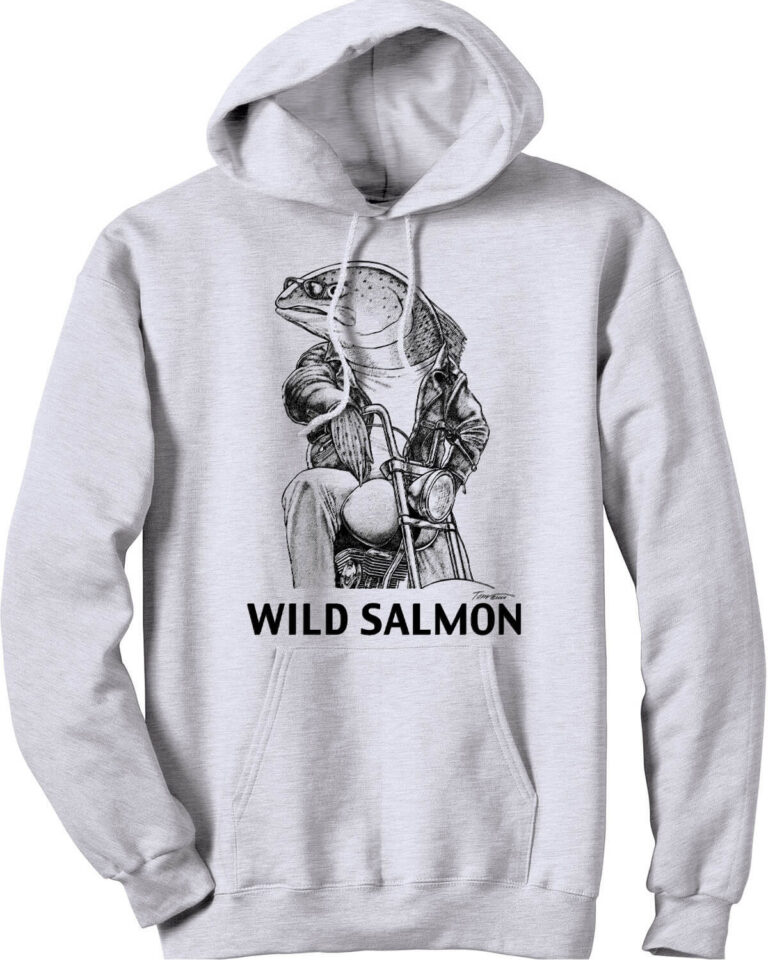 Grey hooded sweatshirt with salmon on a vintage motorcycle. Caption: Wild Salmon