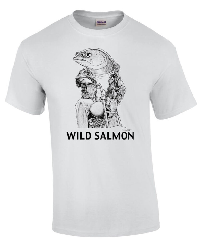 White t-shirt with salmon on a vintage motorcycle. Caption: Wild Salmon