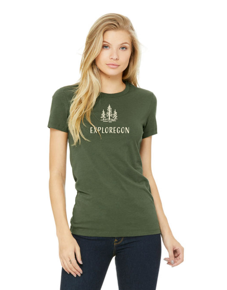 Female model wearing military green t-shirt with exploregon trees image