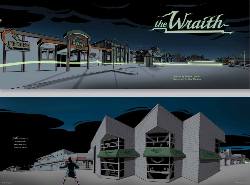 Two illustrations from the young adult graphic novel, "The Wraith"