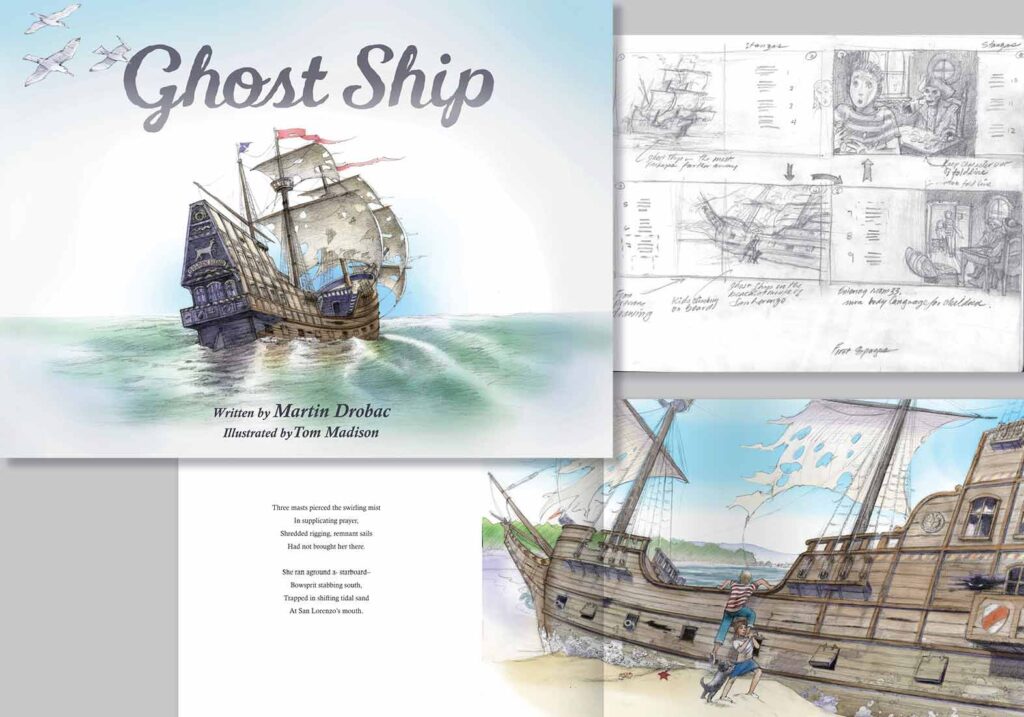 illustration from the cover of the children's book, "The Ghost Ship" with concept sketches and and interior illustration