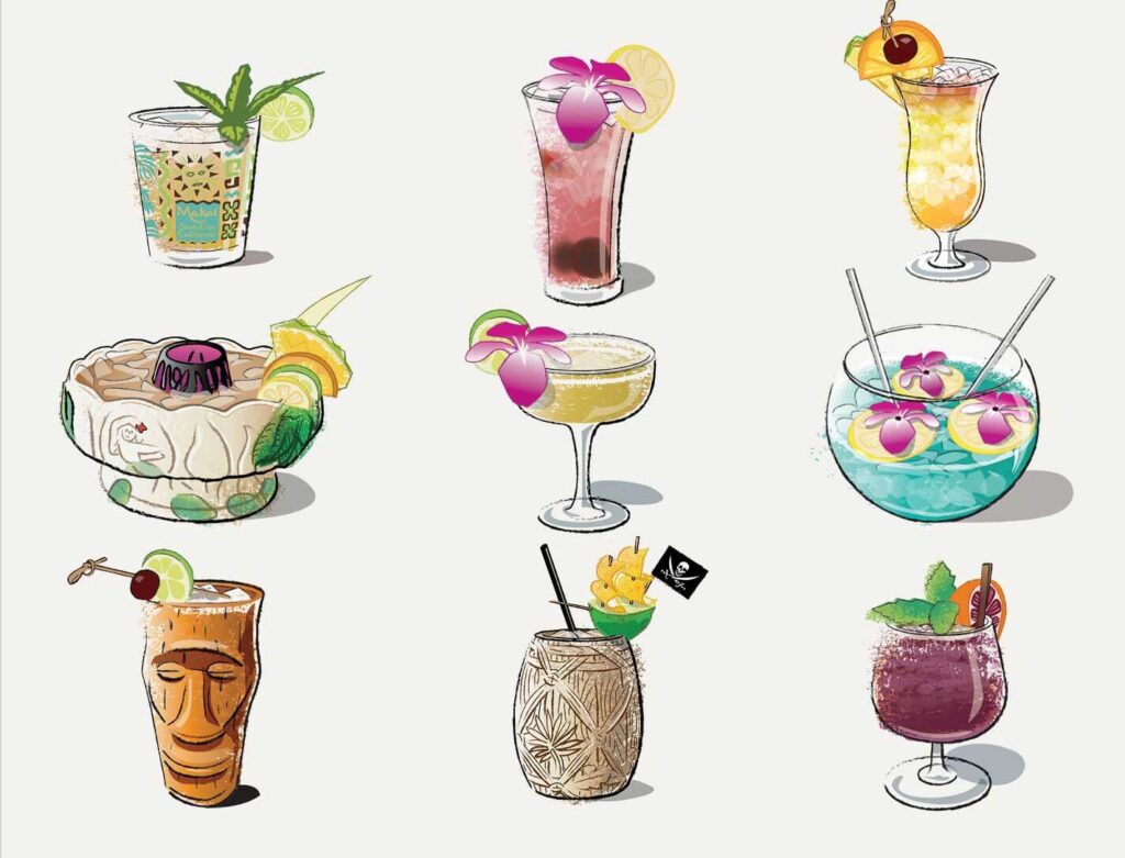 9 illustrations depicting Tiki cocktails