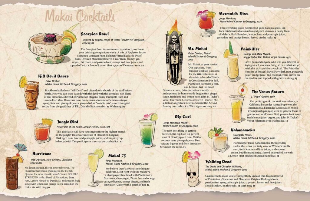 image of a page from Makai restaurant's menu with illustrations of tiki drinks